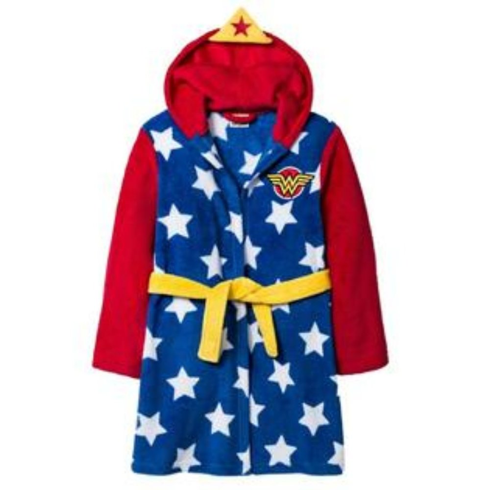 Wonder Woman Plush Fleece Red White Blue & Yellow Stars Comic M Crown Hood Robe